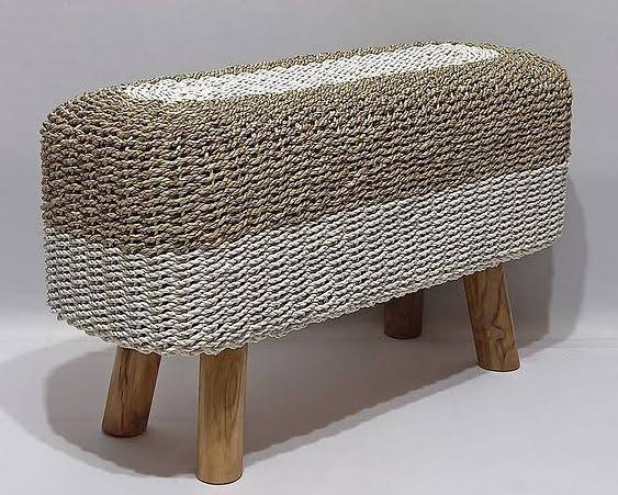 Stool Bench sea grass brown n white with 4 woods leg